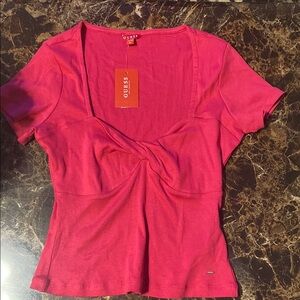 Guess Pink Tie Front Fitted Short Sleeve Blouse